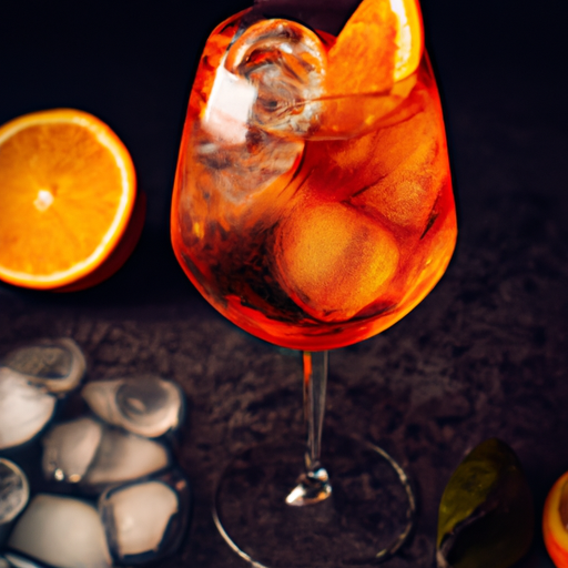 צילום של כוס אפרול שפריץ עם טריזי תפוזים וקוביות קרח