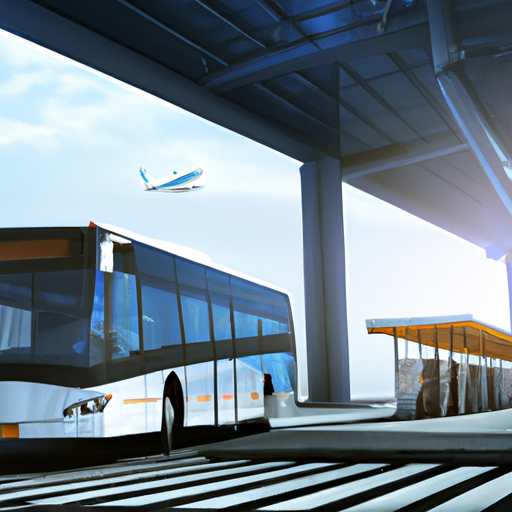 תמונה של אוטובוס הסעות מול טרמינל בשדה התעופה.