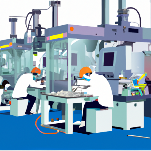 תמונה של מפעל הזרקת פלסטיק עם עובדים בציוד מגן המפעיל מכונות