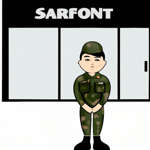 תמונה של חייל במדים עומד מול לוגו החנות לחיילים.