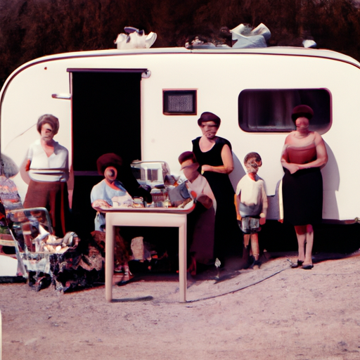 צילום וינטג' של משפחה שהתאספה סביב הקרון שלהם במהלך טיול בשנות ה-50