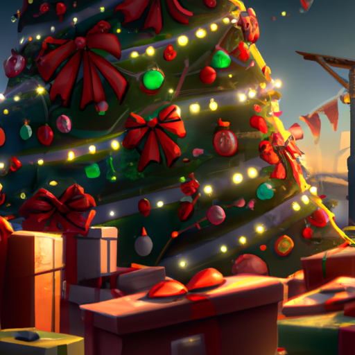 תפאורה חגיגית עם מתנות עטופות להפליא מתחת לעץ חג המולד נוצץ.
