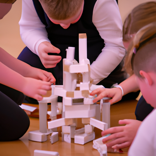קבוצת ילדים עסקה בשמחה במשחק הרכבה, עובדת יחד לבניית מבנה