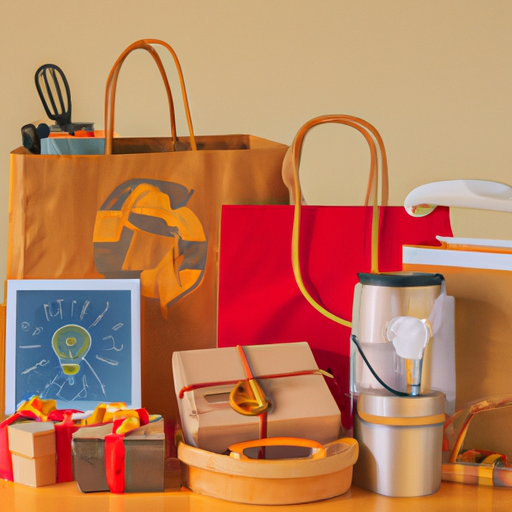 מבחר של מתנות ידידותיות לסביבה, כגון שקיות קניות לשימוש חוזר, כלי מטבח מבמבוק וגאדג'טים המופעלים על ידי שמש.